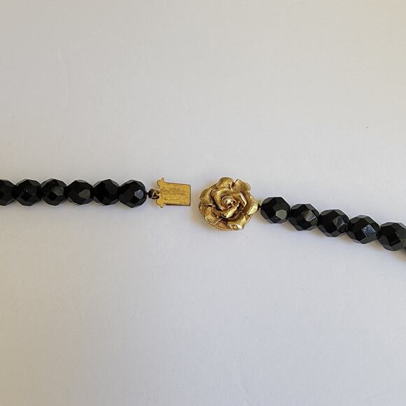 Vintage Black Bead Necklace - Gold Tone Rose Clasp, 21 Inches - Picture 3 of 10